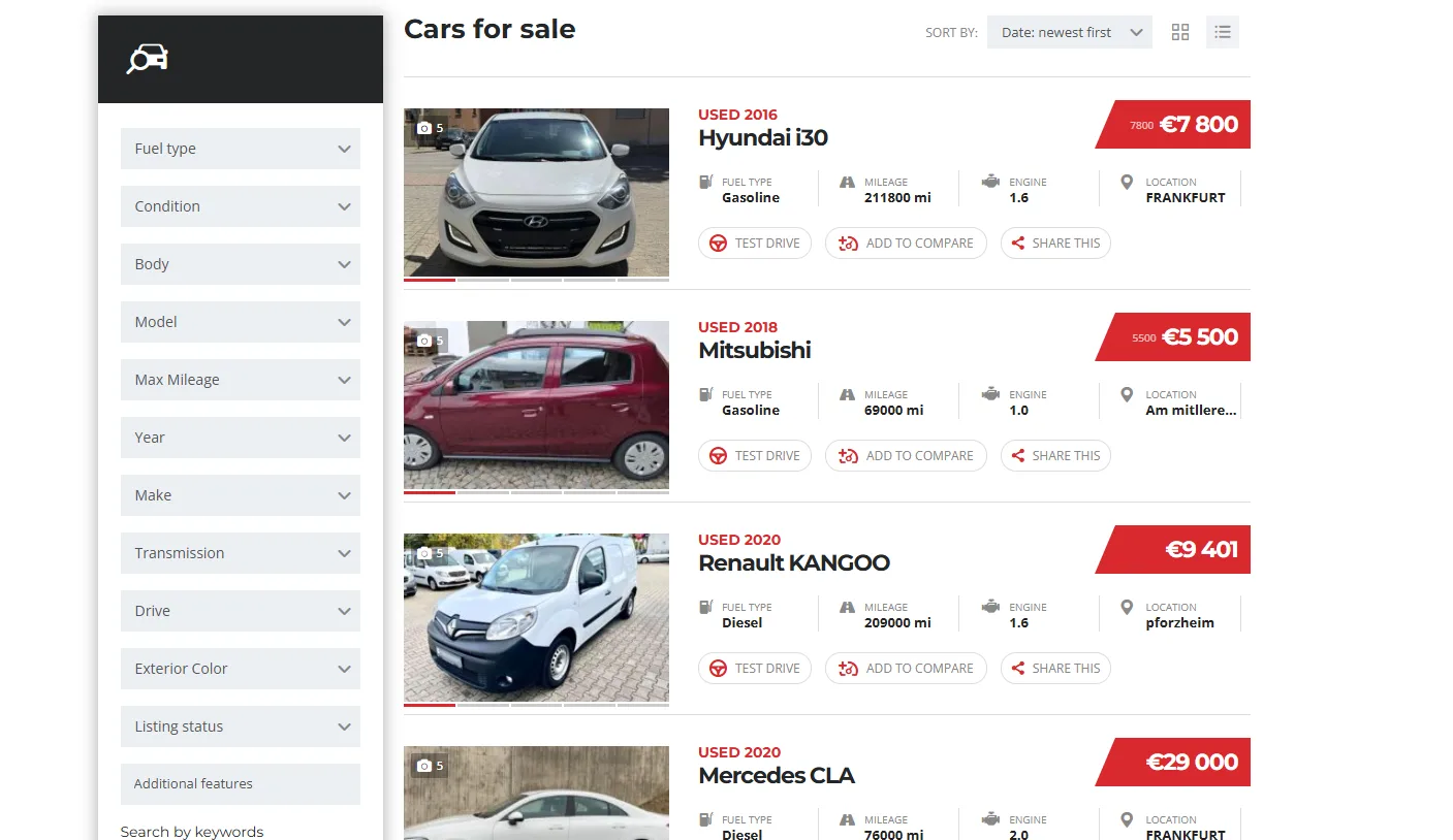 Σελίδα car listings του Ready Cars με φίλτρα αναζήτησης και πληροφορίες οχημάτων